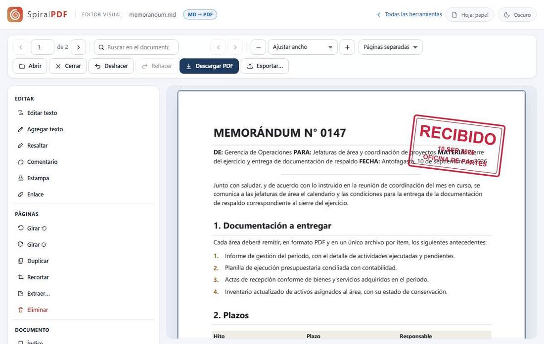SpiralPDF en Windows, con un memorándum abierto en el editor visual